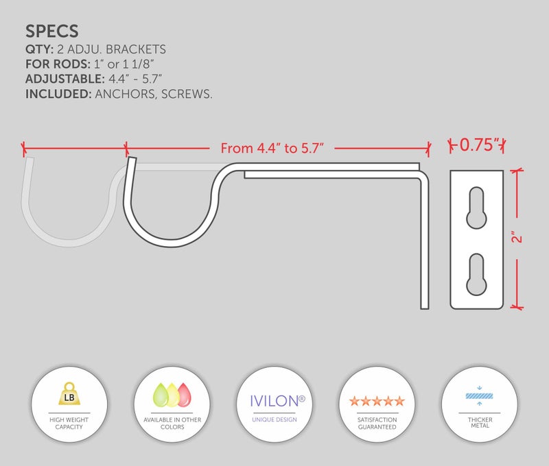 Ivilon Adjustable Brackets for Curtain Rods - for 1 or 1 1/8 Inch Rods. Set of 2 - Black - Image 3